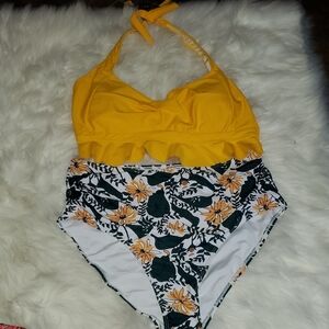 Womens XL Zaful Yellow Halter Ruffle Bikini with Floral High-Waist Bottoms